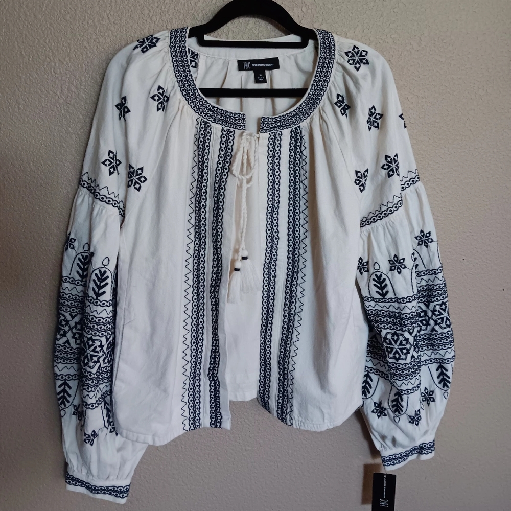 INC International Concepts Bohemian Open Front Jacket Embroidered Ivory Sz MedM
